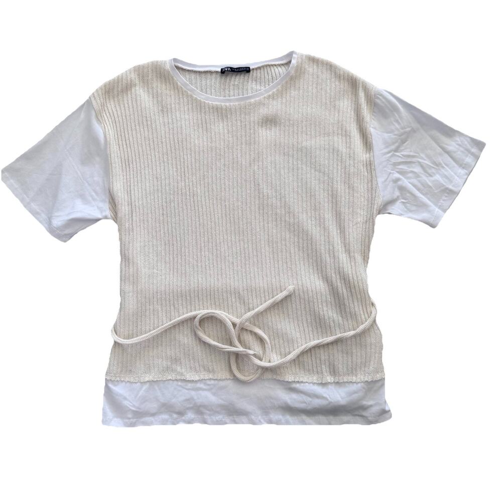 New Zara Twofer Cream White Knit Tie Blouse Top Sz M Boho